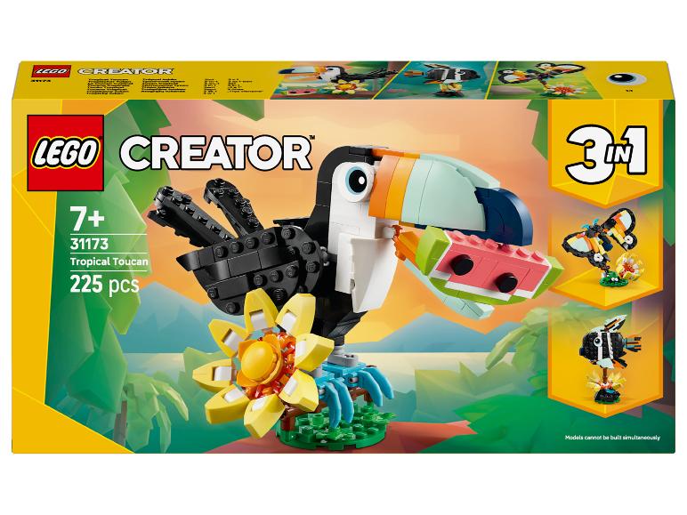 LEGO Creator 3-in-1 doos met tropische toekan, vlinder en vis.
