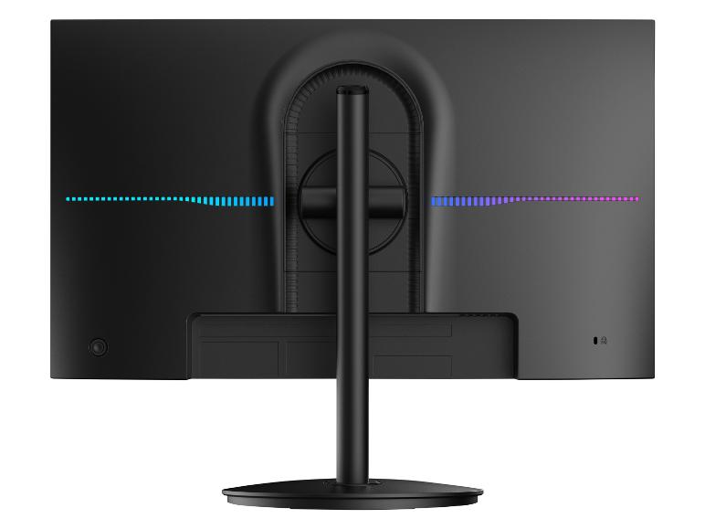 Achterkant van een zwarte monitor met blauwe en paarse LED-verlichting, met centrale standaard.