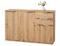 Houten dressoir met drie deuren en drie laden, versierd met een bloemenvaas.