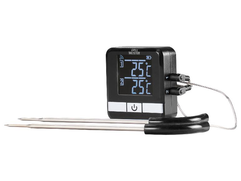Grill Meister digitale kookthermometer met twee sondes en scherm dat 25°C toont.