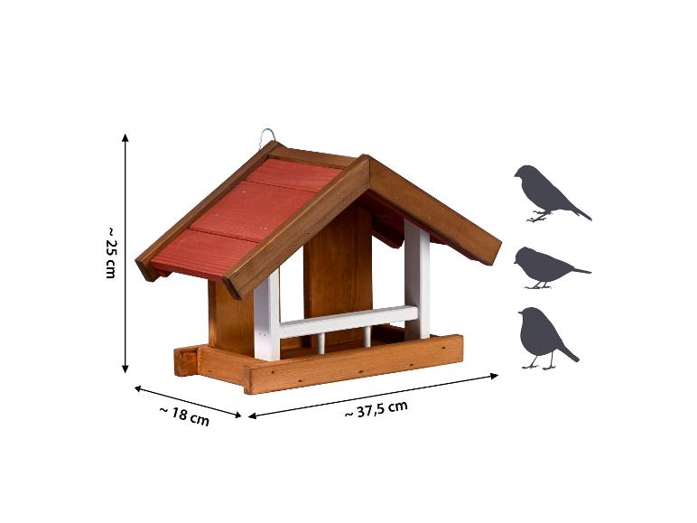 Houten vogelvoederhuisje met rood dak, 25x18x37,5 cm, met vogelsilhouetten.