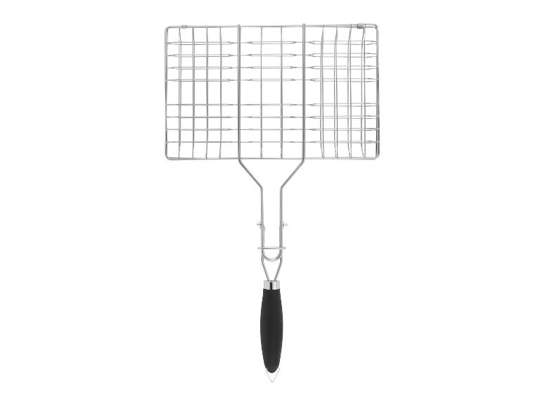 Grillrooster met zwart handvat voor het grillen van voedsel.