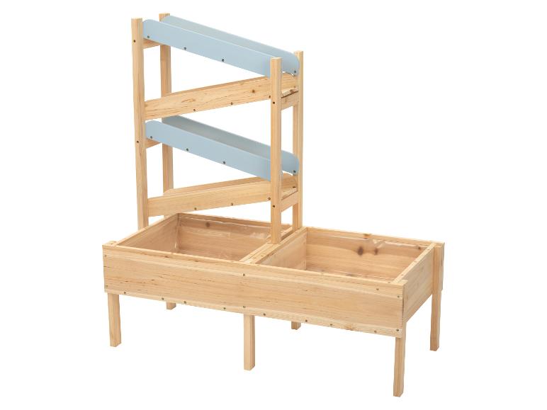 Houten water- en zandspeeltafel met twee bakken en blauwe goten