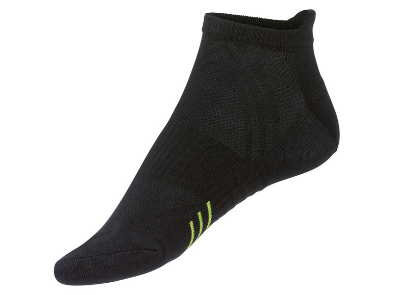 Zwarte, lage sportsokken met groene details.
