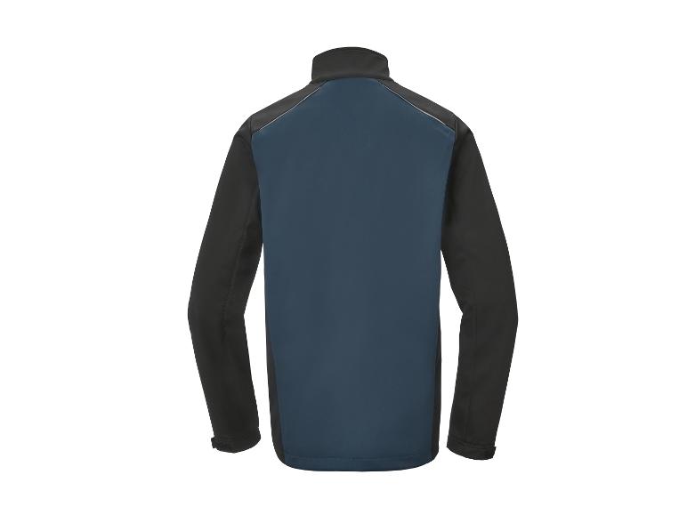Donkerblauwe en zwarte softshelljas voor heren, achteraanzicht