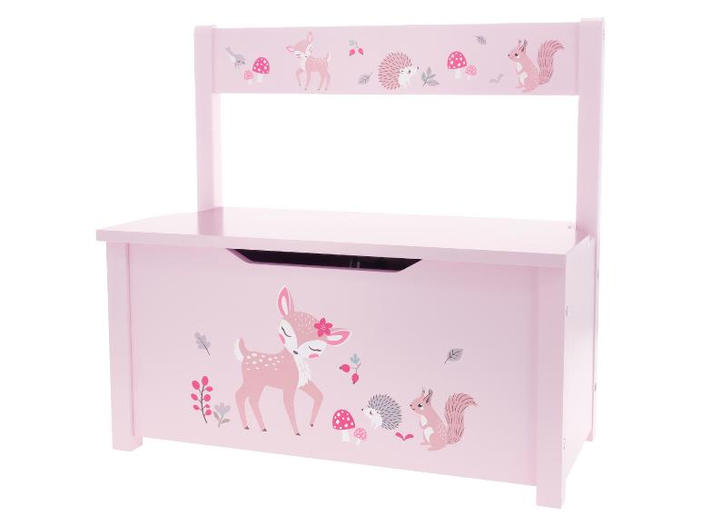 Roze speelgoedkist met rugleuning, versierd met bosdieren en paddenstoelen.