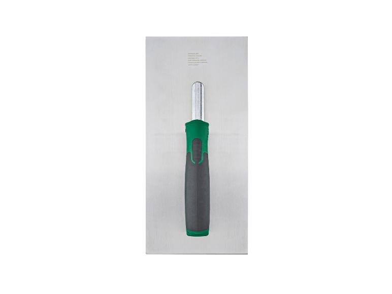 Troffel met groen en grijs handvat, met productinformatie op het metalen blad.