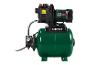 Groene huiswaterpomp met druktank, manometer en aan/uit-schakelaar.