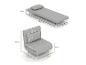 Grijze opvouwbare bank met afmetingen in fauteuil- en bedmodus.
