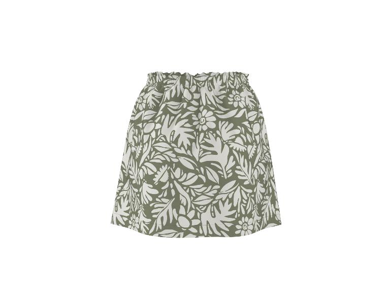 Rok met elastische taille en wit bloemenpatroon op een olijfgroene achtergrond.