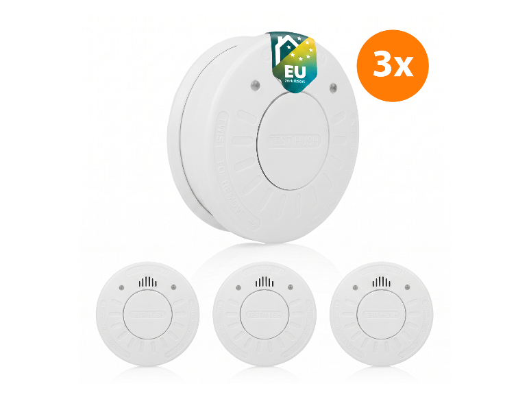 Set van 3 witte EU-gecertificeerde rookmelders met test-/stilteknop.