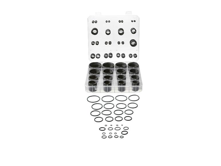 O-ringenset in een plastic doos met diverse maten zwarte O-ringen.