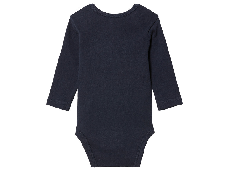 Een donkerblauwe baby romper met lange mouwen.