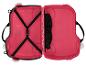 Open roze kinderkoffer met zwarte riemen en handvatten.