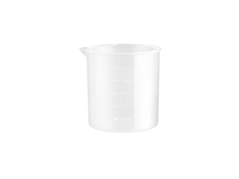 Een transparante maatbeker met milliliter markeringen.