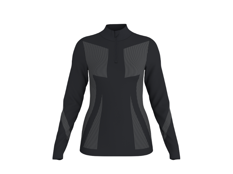 Zwart sportshirt met lange mouwen, rits en grijze streepdetails.