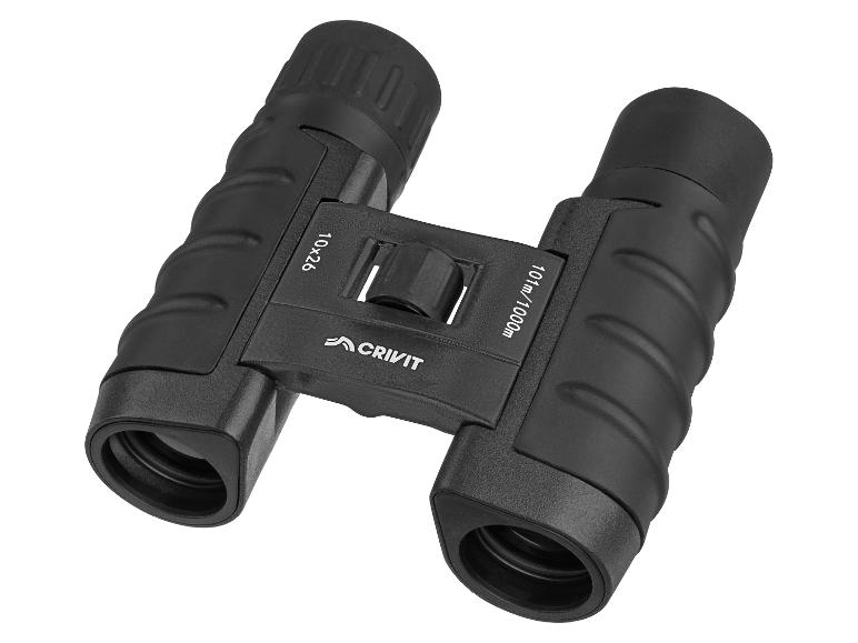 Zwarte 10x26 verrekijker met '101m/1000m' tekst op een witte achtergrond.