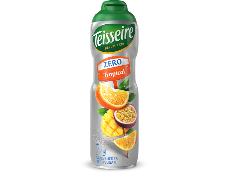 Suikervrije tropische siroop in een metalen fles.