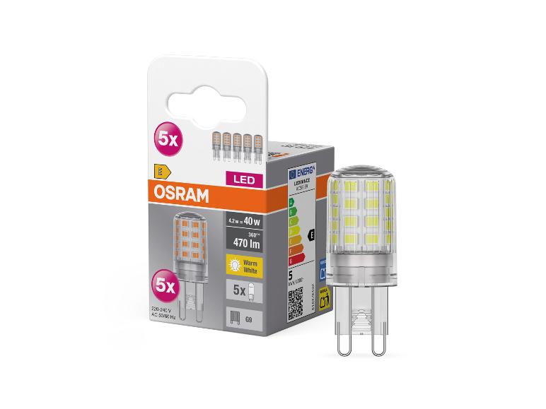 Vijf LED-lampen in verpakking met 4,2 W, 470 lm, warm wit licht en G9-fitting.