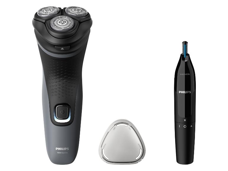 Philips elektrisch scheerapparaat en neustrimmer op een witte achtergrond.