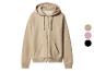 Beige hoodie met rits, voorzakken en elastische manchetten.