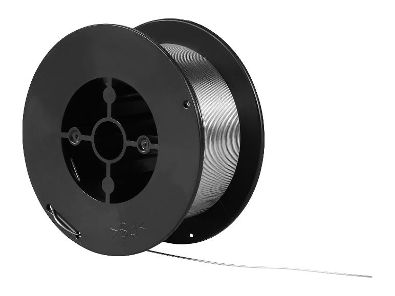 Zwarte spoel met zilverkleurig lasdraad, waarvan één draad afrolt.