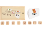 Houten spellingspel met letterblokken en afbeeldingskaarten voor woorden zoals kikker, kat, varken, fiets.