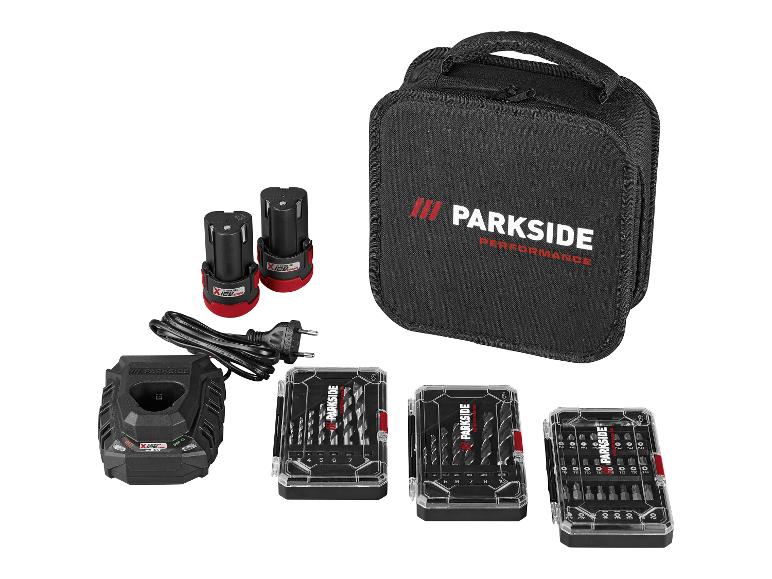 Parkside Performance set met boormachine, accu's, oplader en bitset in tas.