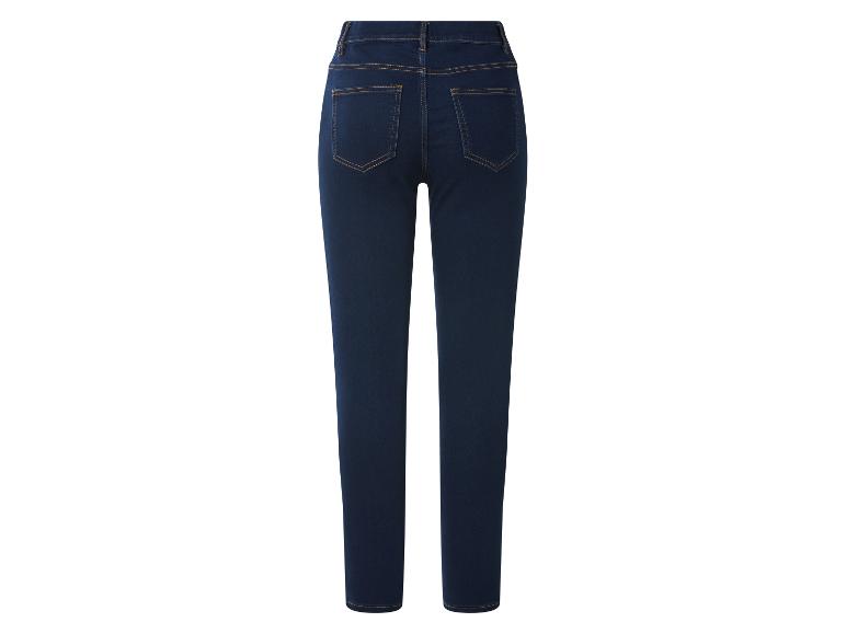 Donkerblauwe damesjeans met oranje stiksels, achteraanzicht.
