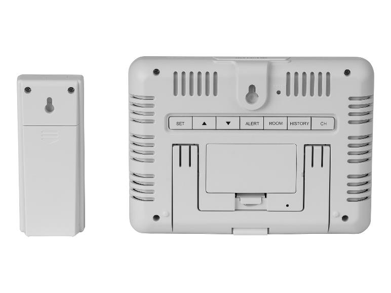 Achterkant van een draadloze thermometer met een extern sensor.