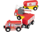 Houten speelgoedtrein met brandweerthema, inclusief locomotief, wagons en slagboom.