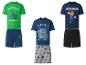 Drie sets korte jongenspyjama's met gamethema's: groen met een huis, blauw met personages en blauw met Mario.