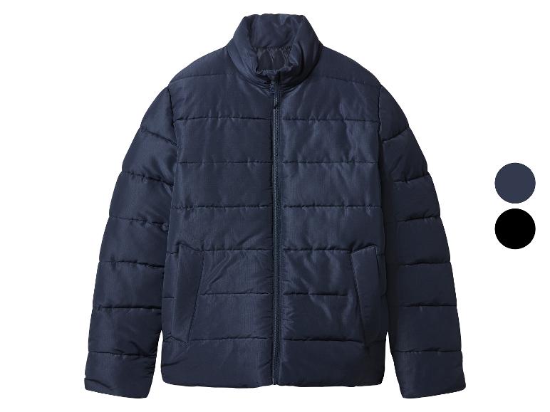 Donkerblauwe gewatteerde jas met rits en hoge kraag, met kleuropties.