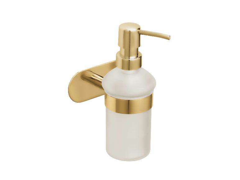 Gouden wandgemonteerde vloeibare zeepdispenser.