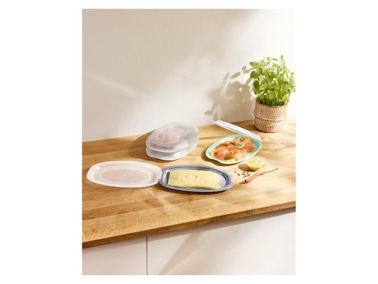 Plastic bakjes met kaas, zalm en vlees, met een potplant op de achtergrond.