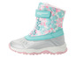 Een paar blauwe winterschoenen met roze bloemenprint.