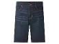 Donkerblauwe denim shorts met oranje stiksels en metalen details.