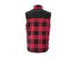 Rood en zwart geruit vest met hoge kraag en zwart paneel op de schouders.