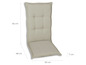 Beige stoelkussen met afmetingen voor buitengebruik.