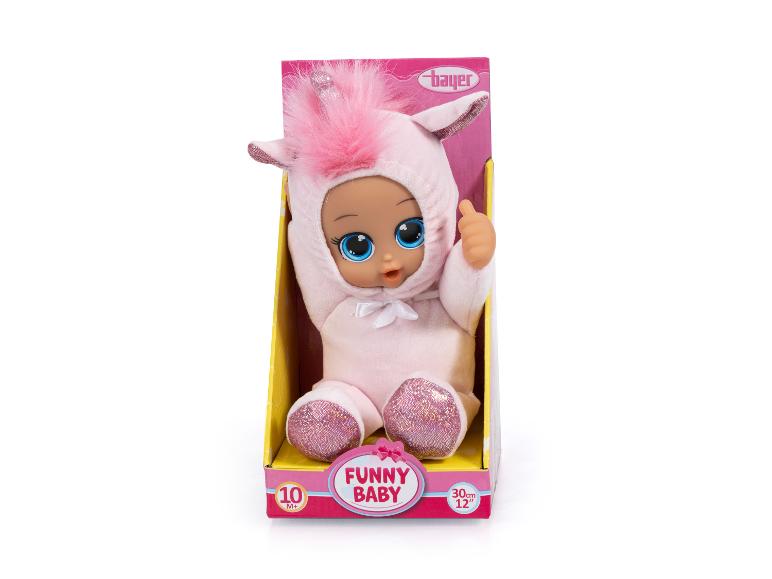 Bayer Funny Baby eenhoornpop in een roze en gele doos, 30 cm hoog, voor 10 maanden+
