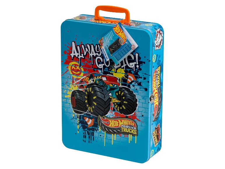 Blauwe Hot Wheels Monster Trucks metalen koffer met oranje handvat en monstertruckafbeeldingen.