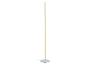 Witte LED vloerlamp met ronde voet en verticale, lichtgevende strip.