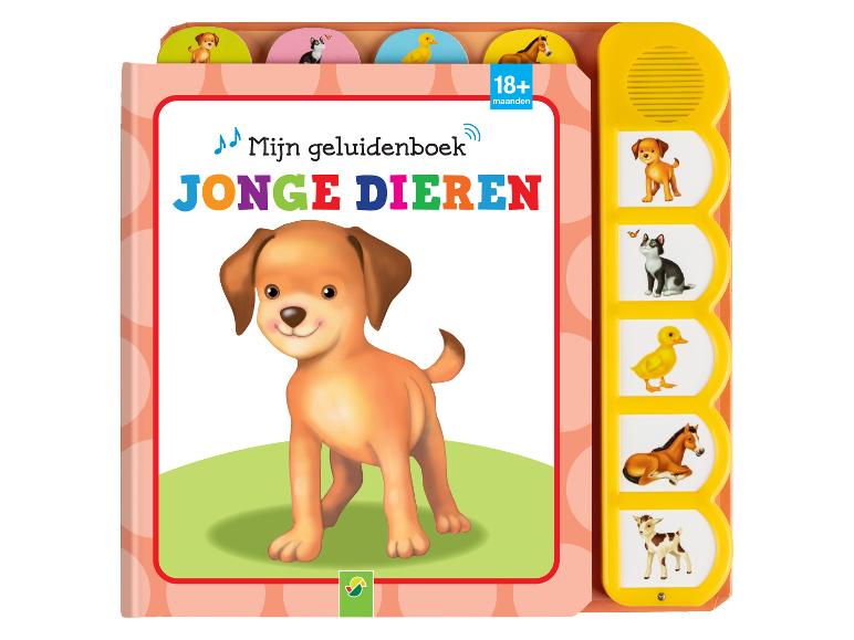 Geluidenboek voor kinderen met jonge dieren en knoppen om geluiden af te spelen.