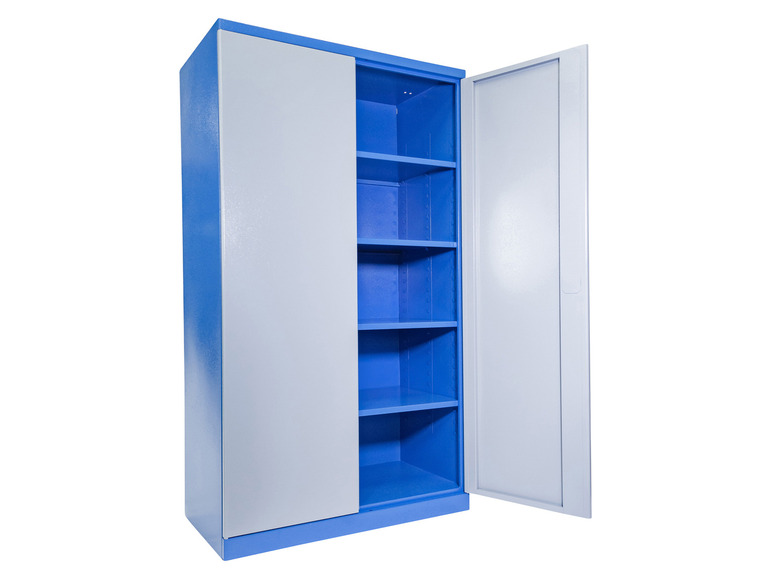 Een blauwe metalen kast met een open deur en legplanken.