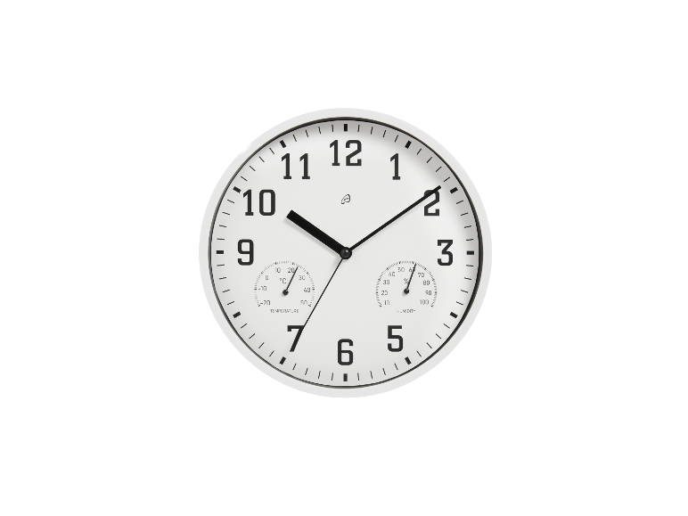 Witte wandklok met thermometer en hygrometer.