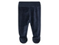 Donkerblauwe velours broek met voetjes voor baby's.