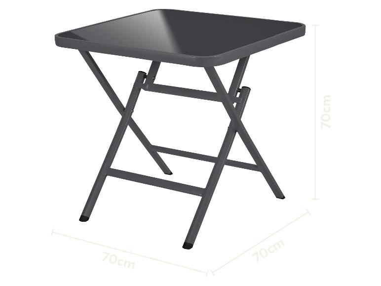 Grijze vierkante klaptafel met glazen blad, afmeting 70x70x70 cm.