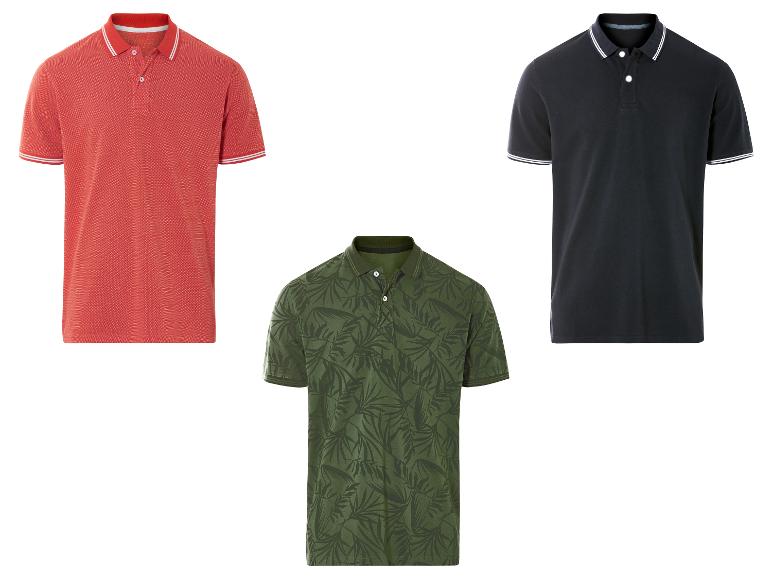 Drie polo's: rood, zwart en groen met tropische print.