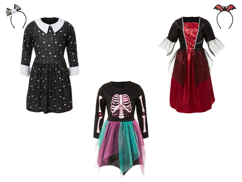 Drie Halloween-kostuums voor meisjes: een skelet, een vampier en een heks.