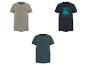Drie heren T-shirts: beige met 'MEET ME AT THE BEACH', marineblauw met palmboom en donkergroen met 'SIMPLICITY'.